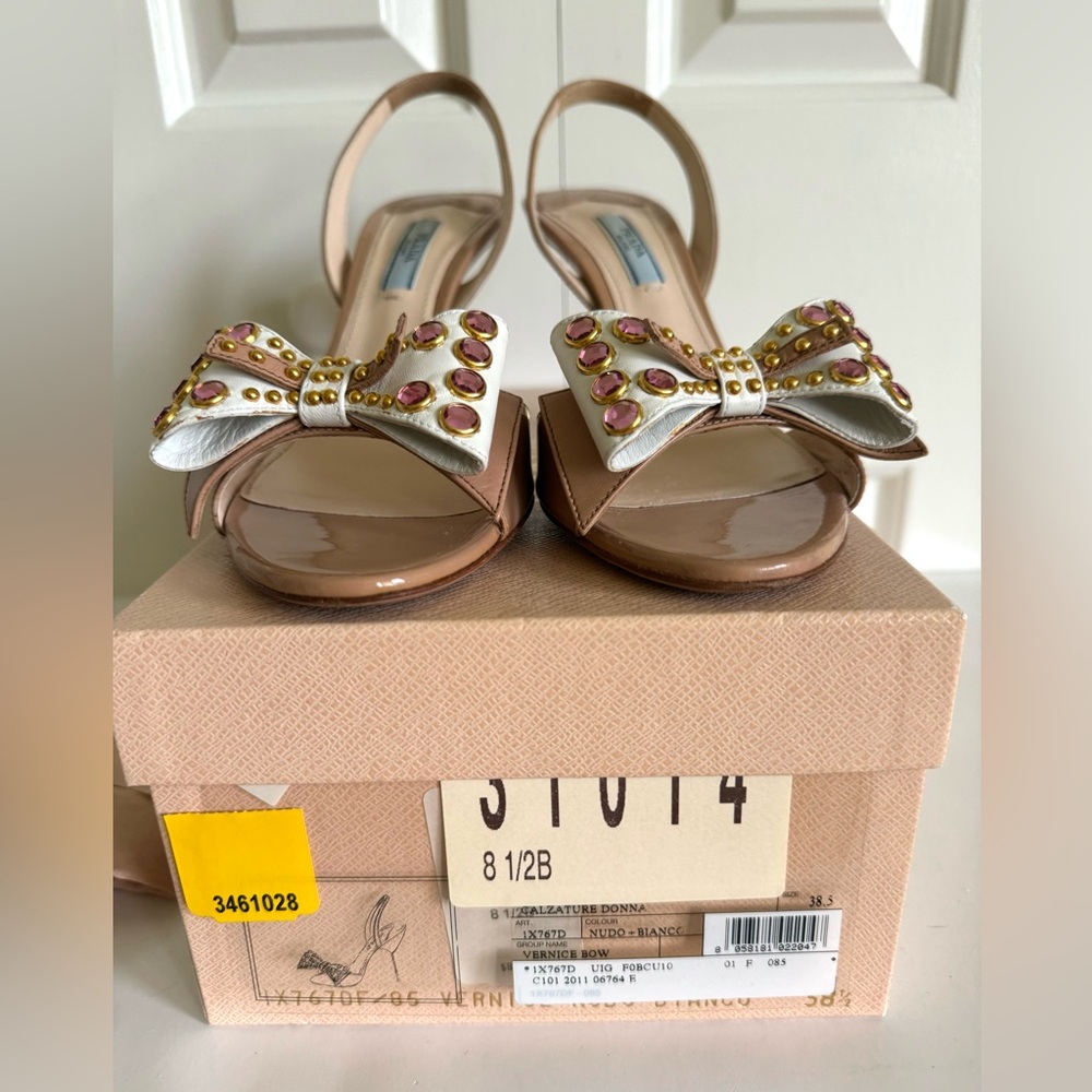 PRADA Nude Patent Leather Rhinestones Bow Slingbacks 8/38.5 EUC - Picture 4 of 8